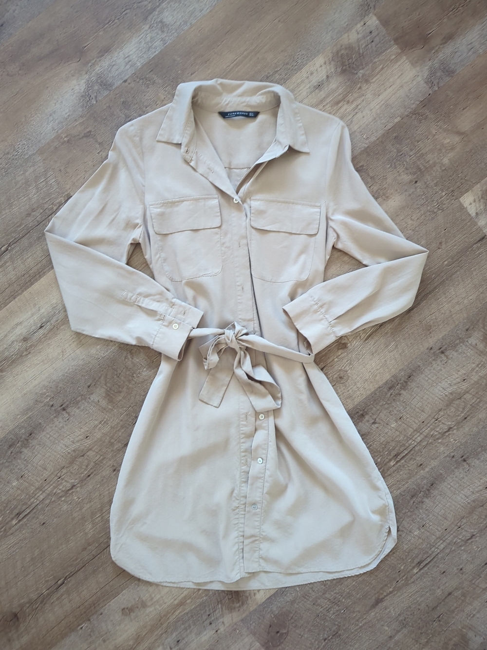 Light Beige Button-Front Shirt Dress with Tie Waist